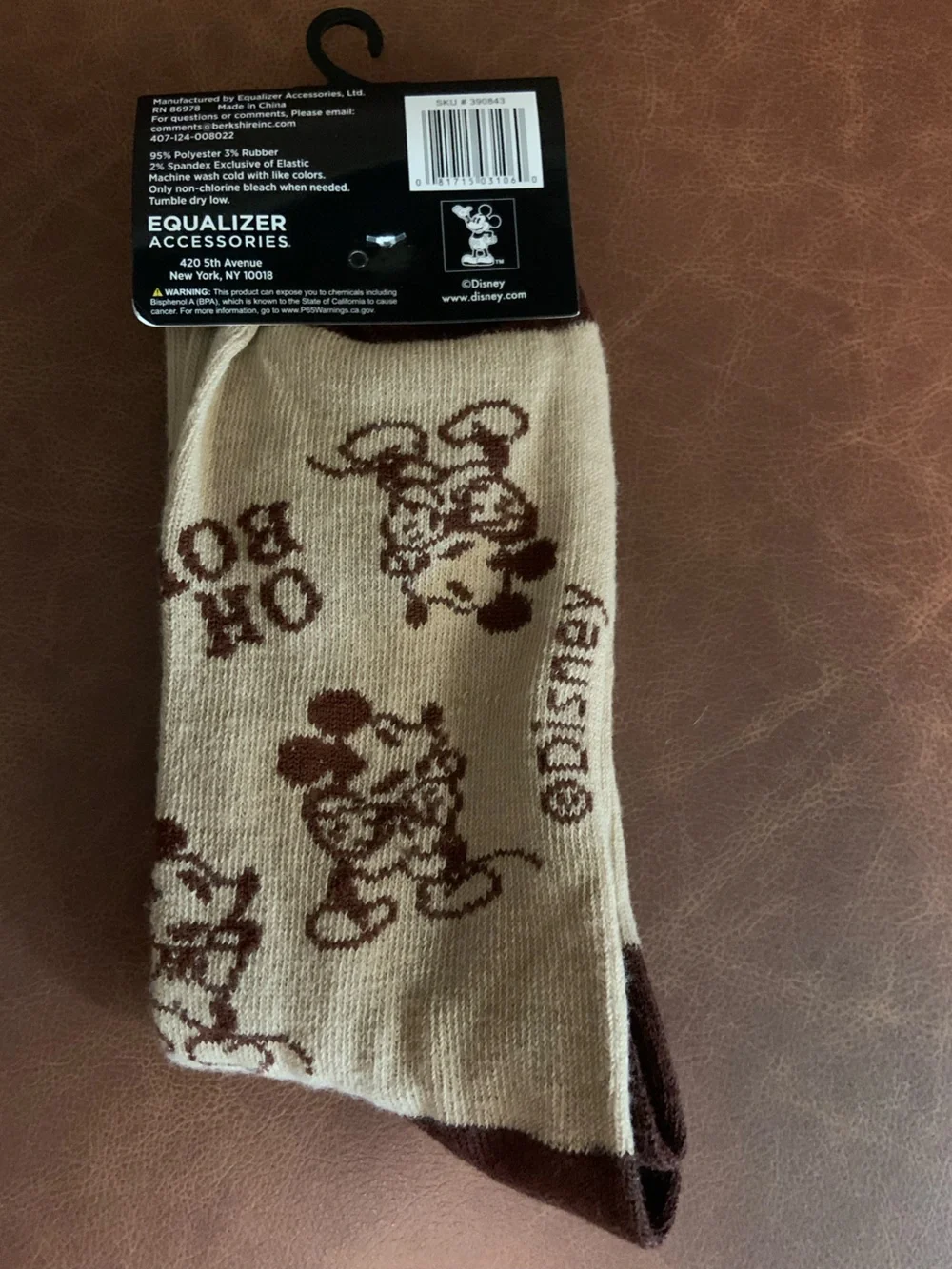 Disney Crew Socks in Cream with Brown Mickey Pattern